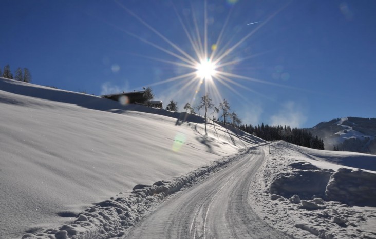 Auffahrt zum sonnigen ZwisleggGut im Winter